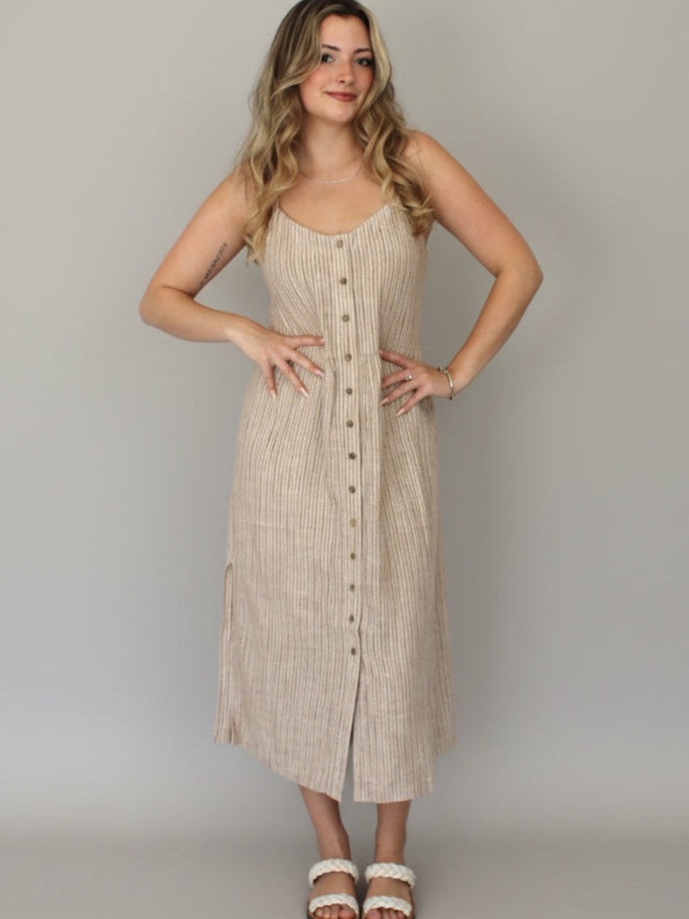 BE COOL Beige Ribbed Button-Front Midi Dress